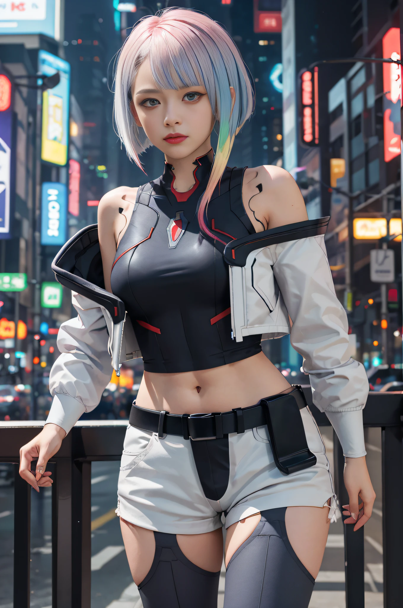 Masterpiece, best quality, high resolution, lu1, cyborg, multicolored hair, makeup, bare shoulders, black tights, high-leg tights, (tong: 1.1), white jacket, open jacket, belt, white shorts, canon lens, cyberpunk, hair ruffling, dynamic stance, top-down view