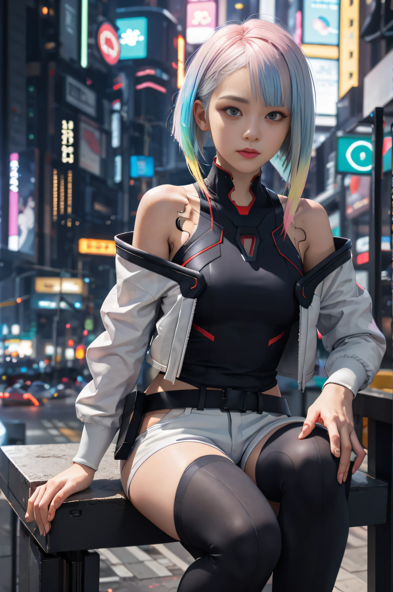 masterpiece, best quality, high resolution, lu1, cyborg, multicolored hair, makeup, bare shoulders, black tights, high-leg tights, (tong:1.1), white jacket, open jacket, belt, white shorts, canon lens, cyberpunk, dynamic sitting,