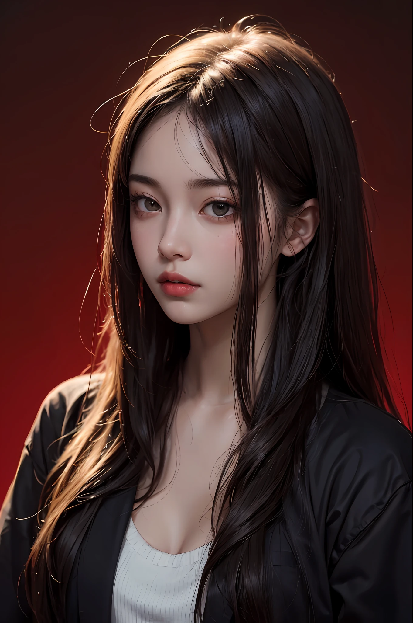 a 20 yo woman,long hair,dark theme, soothing tones, muted colors, high contrast, (natural skin texture, hyperrealism, soft light, sharp),red background,simple background,