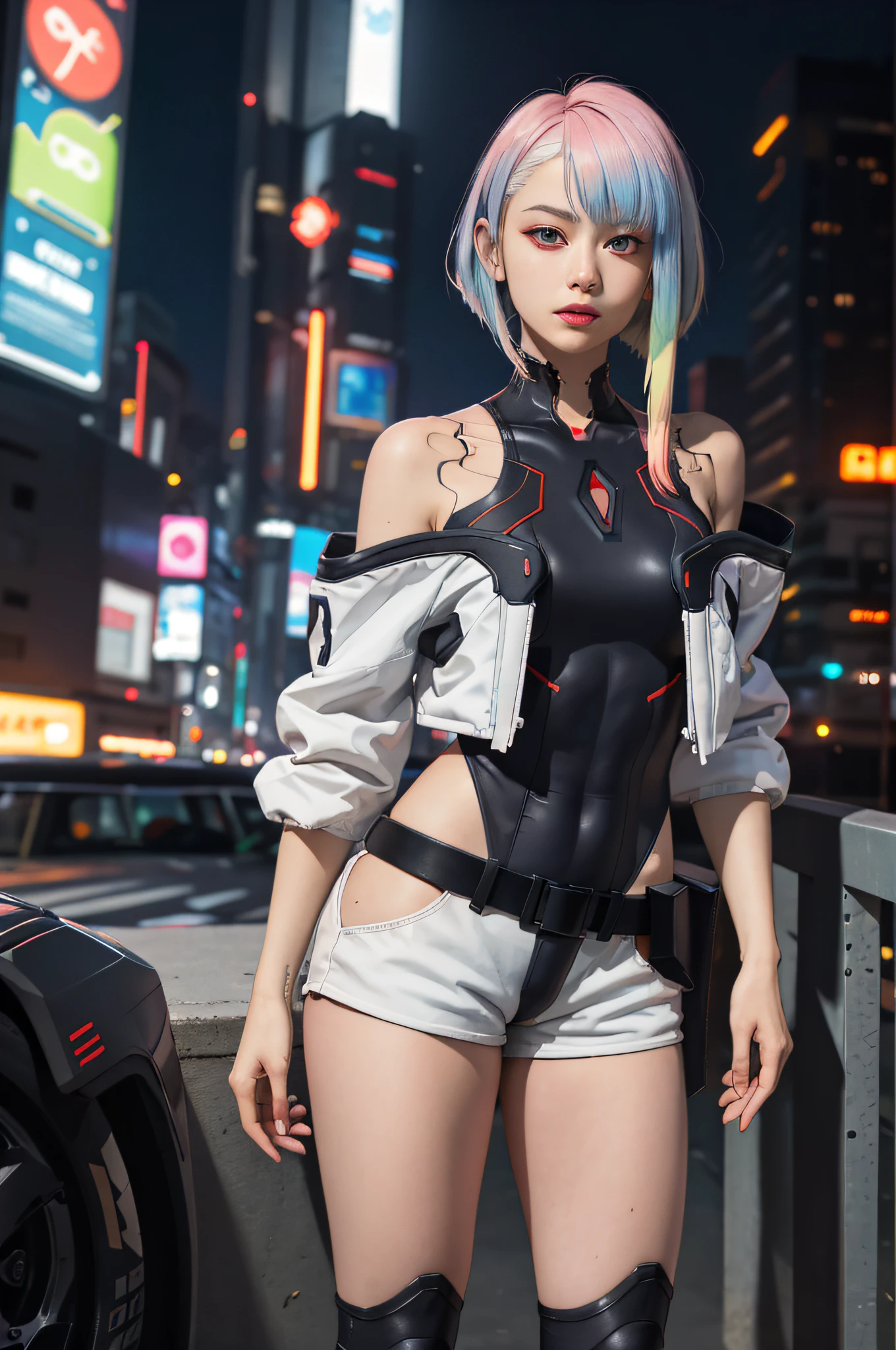 masterpiece, best quality, highres, lu1, cyborg, multicolored hair, makeup, bare shoulders, black leotard, highleg leotard, (thong:1.1), white jacket, open jacket, belt, shorts, cowboy shot, cyberpunk, standing,