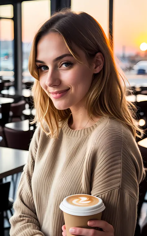 beautiful blonde wearing beige sweater (sipping coffee inside a modern café at sunset), very detailed, 21 years old, innocent face, natural wavy hair, blue eyes, high resolution, masterpiece, best quality, intricate details, highly detailed, sharp focus, d...
