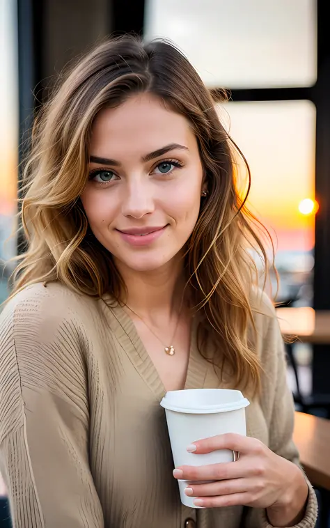 beautiful blonde wearing beige sweater (sipping coffee inside a modern café at sunset), very detailed, 21 years old, innocent face, natural wavy hair, blue eyes, high resolution, masterpiece, best quality, intricate details, highly detailed, sharp focus, d...