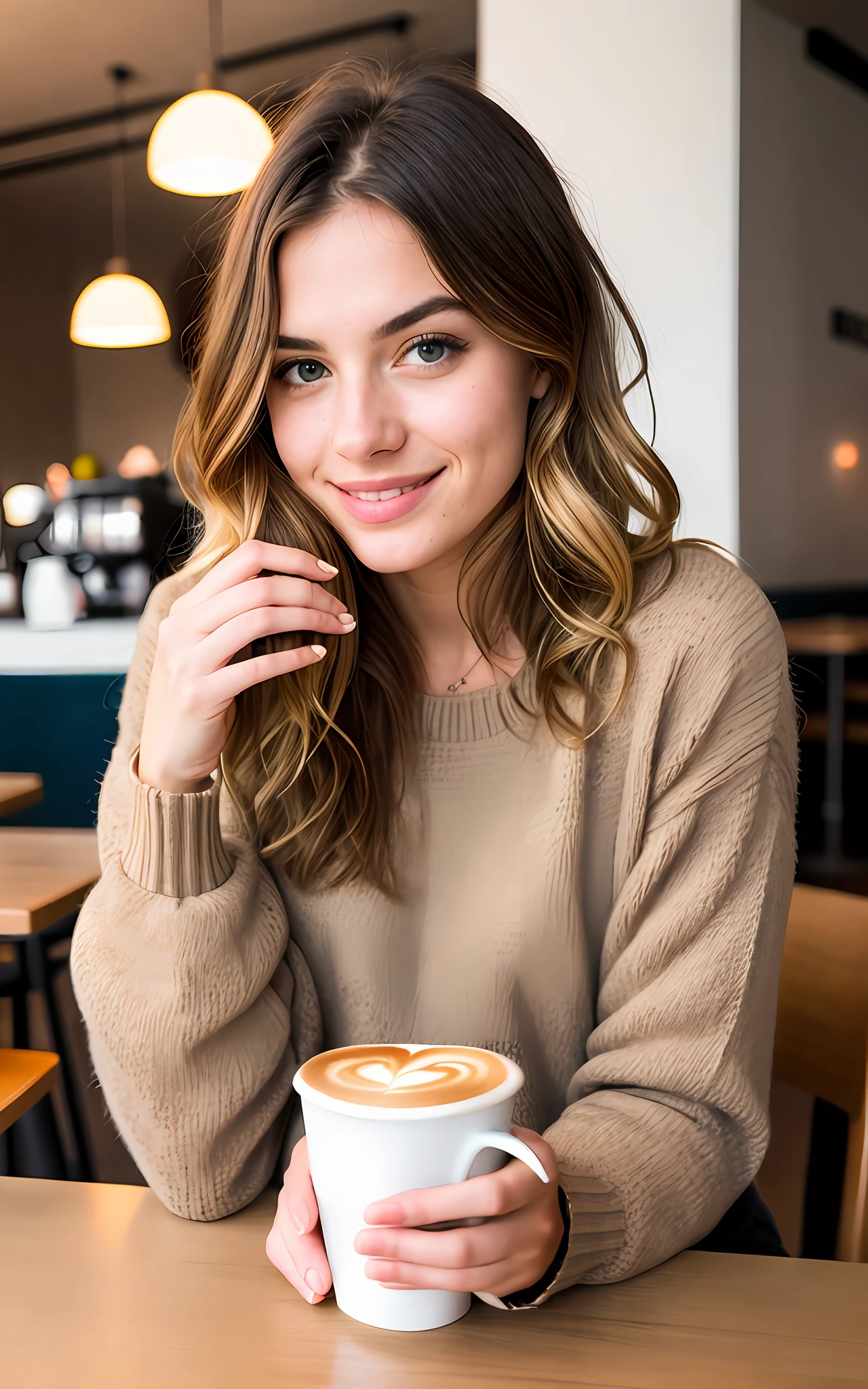 beautiful blonde wearing beige sweater (sipping coffee inside a modern café at sunset), very detailed, 21 years old, innocent face, natural wavy hair, blue eyes, high resolution, masterpiece, best quality, intricate details, highly detailed, sharp focus, detailed skin, realistic skin texture, texture, detailed eyes, professional, 4k, charming smile, shot on Canon, 85mm, shallow depth of field,  kodak vision color, perfect fit body, extremely detailed, foto_\(ultra\), photorealistic, realistic, post-processing, maximum detail, roughness, real life, ultra realistic, photorealism, photography, 8k uhd, photography