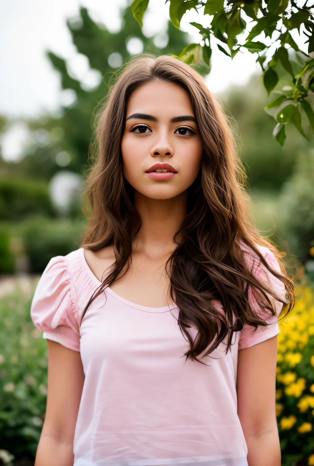 masterpiece, best quality, hyper-realistic, cinematic photo, beautiful innocent 20 year old woman, Latina,
pronounced feminine features (tanned skin, authentic skin texture: 1.3), clothing (pink short-sleeved top with puffed sleeves) very long brown hair with blonde highlights, beautiful face ,(garden background), style, (8k, epic composition, photorealistic, sharp focus), elaborate background, DSLR, intricate details, rule of thirds, analog style