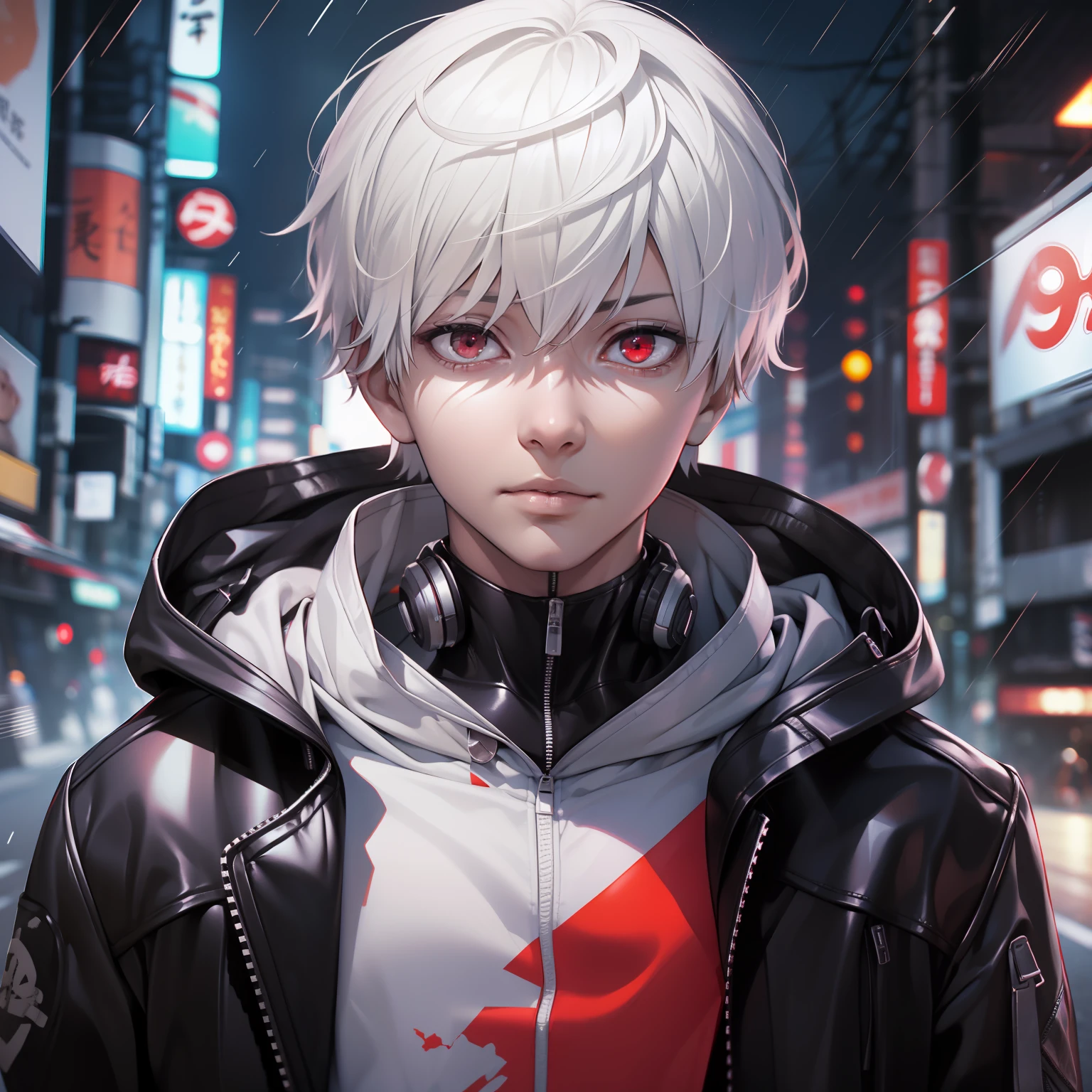 kk, best quality, more details, masterpiece, 1boy, kaneki ken, portrait, male focus, red eyes, solo, bangs, looking at viewer, hood, short hair, rain, tokyo tokyo \(city\),  hood up, nail polish, white hair, luxurious, 8k, detailed, ray tracing, depth of field, cinematic lighting,