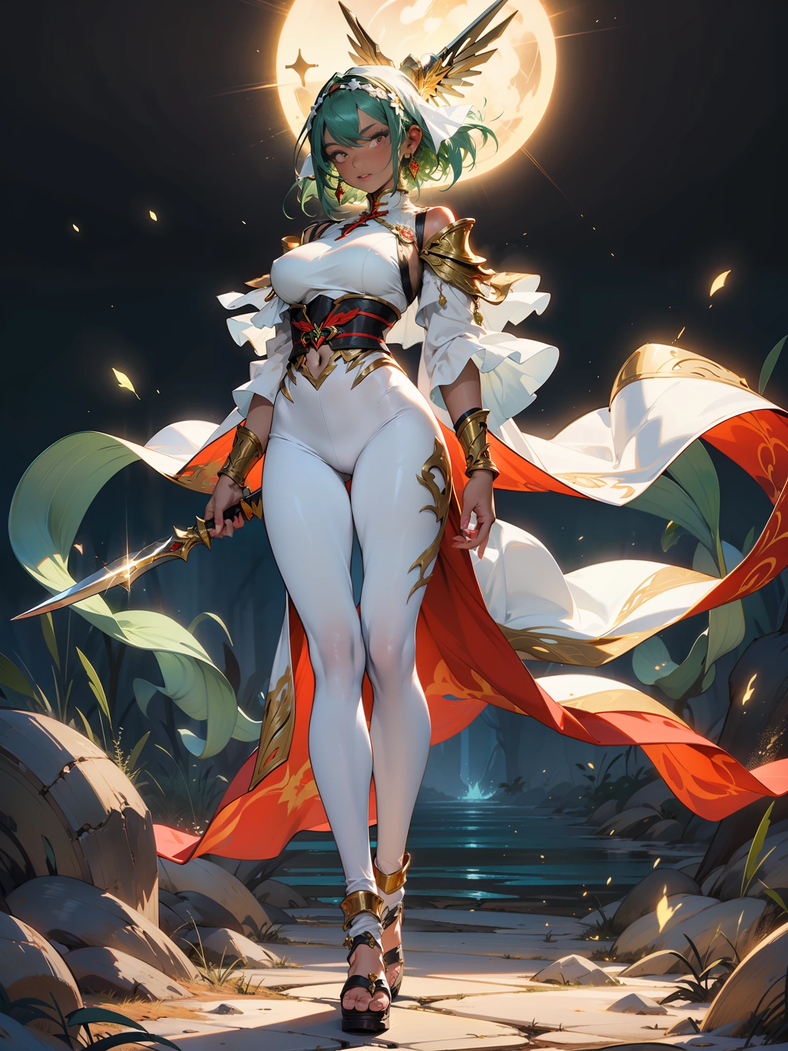 tan lines, black skin, huge breasts, Phoenix background, green hairs, curved hips, red eyes, white leggings, glowing effect, priest, healer, fantasy, gold ornament, full body view, walking, magical weapon in hand