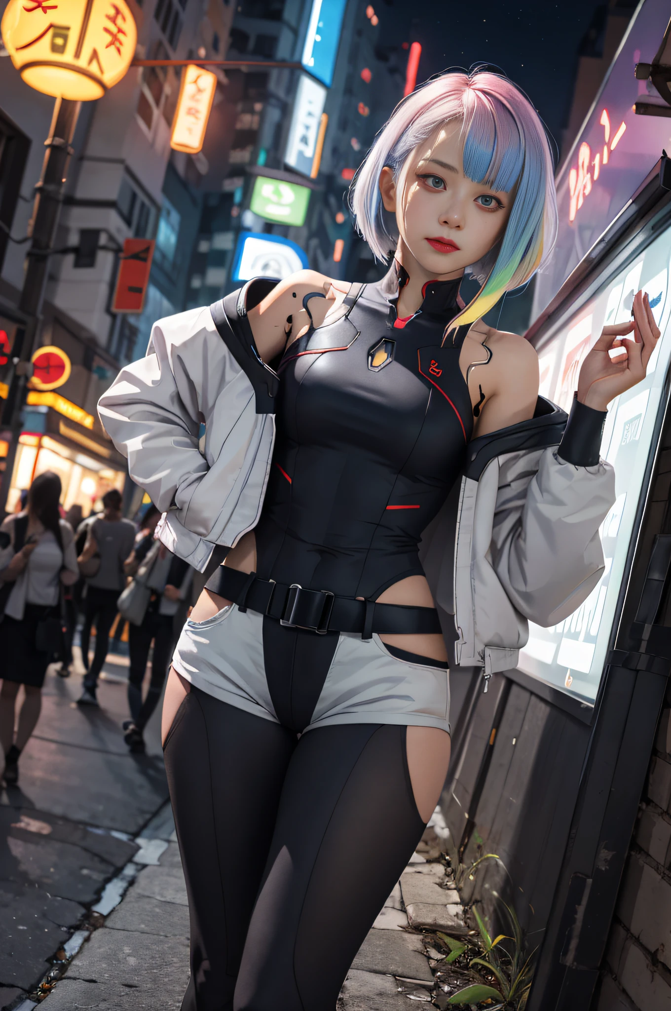 Masterpiece, best quality, high resolution, lu1, cyborg, multicolored hair, makeup, bare shoulders, black tights, high-leg tights, (tong: 1.1), white jacket, open jacket, belt, white shorts, canon lens, cyberpunk, night light, neon sign, crying, tears, (gun in both hands: 1.3), leaning against a wall, top-down view