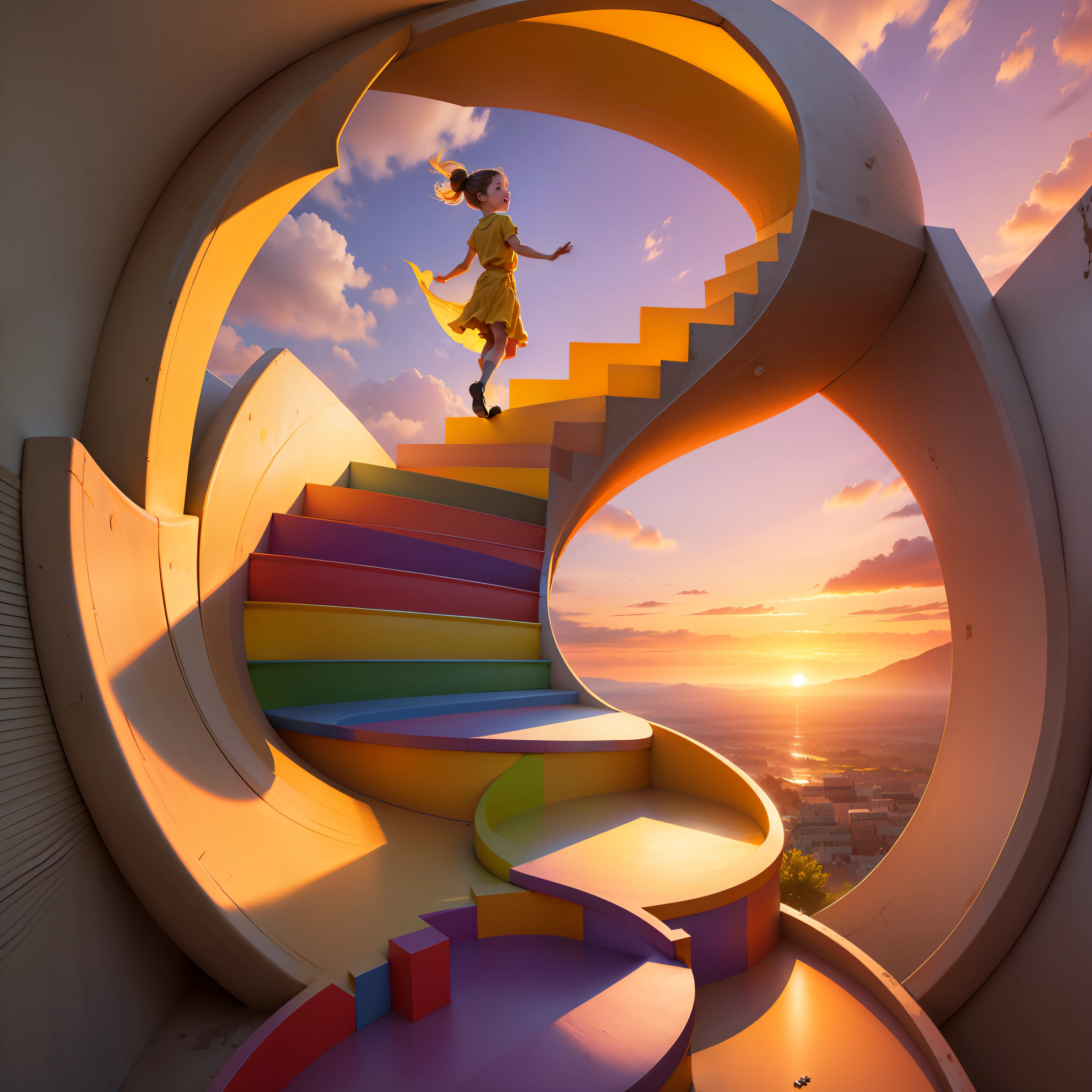 Let's bring to life a scene full of optimism! Imagine an incredible staircase, formed by puzzle pieces in various colors. Highlight a beaming , climbing the steps with enthusiasm. As a background, paint a stunning sunset backdrop with soft shades of yellow, orange, and lilac, bringing a sense of calm and hope