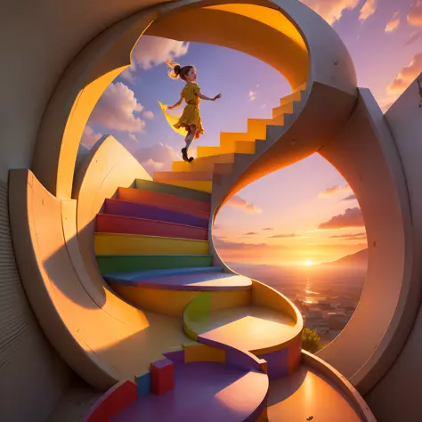 Let's bring to life a scene full of optimism! Imagine an incredible staircase, formed by puzzle pieces in various colors. Highli...