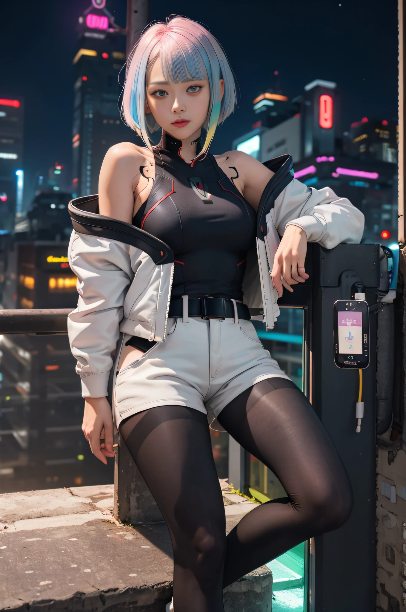Masterpiece, best quality, high resolution, lu1, cyborg, multicolored hair, makeup, bare shoulders, black tights, high-leg tights, (tong:1.1), white jacket, open jacket, belt, white shorts, canon lens, cyberpunk, (night light, neon sign, big phone), against the wall, top-down view