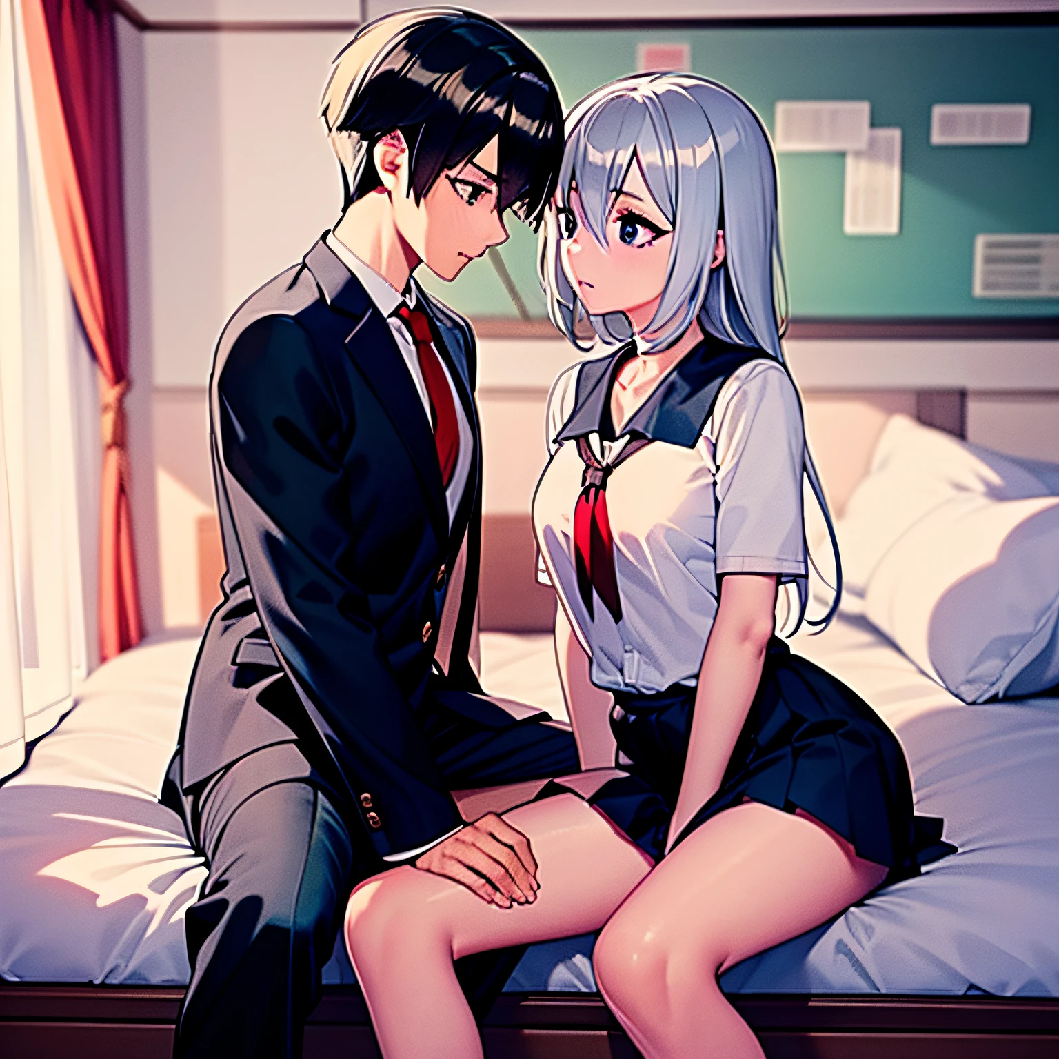 (masterpiece), (best quality), highres, ((((1girl she has gray hair with blue eyes and 1boy he has short black hair with red eyes who are classmates))))), ((((They have different hair colors and eyes do not confuse)))), (draws Kei and kiyotaka ayanokoji looking at each other), (2schoolmates who are Kei and kiyotaka ayanokoji looking at each other),  (kei1), (1girl), solo, she has blue eyes, she has long hair, (she wears a school uniform), she has ribbon, she has bangs, collarbone, she has gray hair, she has black hair band, she has neck ribbon, hair between her eyes, she has medium breasts, cowboy shot, she is looking seriously at kiyotaka ayanokoji,  anatomically correct whole body, is inside a school room, is sitting on a bed with her legs together, full detallado scenary, (1boy), (kiyotaka ayanokoji), 15 year old teenager, school uniform white shirt black jacket open jacket red tie long black pants sitting, he has red eyes, he has short black hair, whole body anatomically correct,  he has a jesus necklace around his neck, normal legs, wears black shoes, (he's looking at Kei1 or the girl), he's sitting in a chair, he's facing Kei, (full detail escenario)