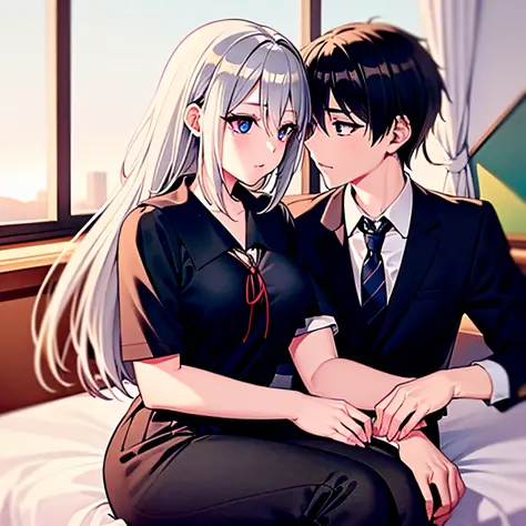 (masterpiece), (best quality), highres, ((((1girl she has long gray hair with blue eyes and 1boy he has short black hair with re...