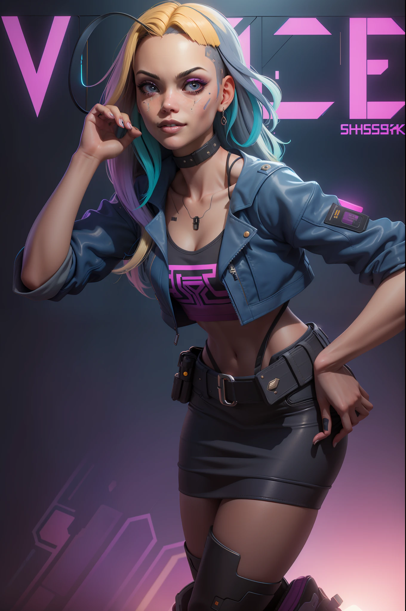 ((Cyberpunk)), ((Realistic)) and ultra-detailed photography of a barbie-like girl with cyberpunk aesthetic and neon colors. She was so cute and has a ((blonde hair, indigo highlights, candycolor)), wears a (streetwear top, sholder bag), (leather jacket, fuchsia pattern:1.2) and a (light-grey skirt, indigo belt:1.2), (disruptive dress:1.1). She has a simple smile and a multicolored deep eyes, ((beautiful and aesthetic)), sexy, under-boobs, hot, landscape orientation, upper body focus, full body, dynamic lights, RAW photo, (perfect face:1.2), (led lighting:1.2), (in the style of Ghost In The Shell:1), (in the style of Blade Runner:1.2), (in the style of Akira:1.5), (face details:0.3), (headband:0.7), (crown:0.3), (tattoo:0.9), (robot suit:0.9), (rainbow hair:0.7), film grain, depth of field, soft lighting, sparkle, motion blur, from above, lens flare, Ultra-Wide Angle, ((Best Quality)), ((Masterpiece)), 16k