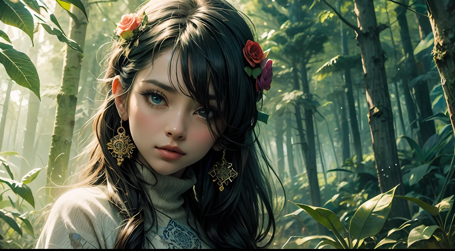 1숲 옷을 입은 섹시한 소녀, 꽃들, 나뭇잎, 만다라, 프랙탈