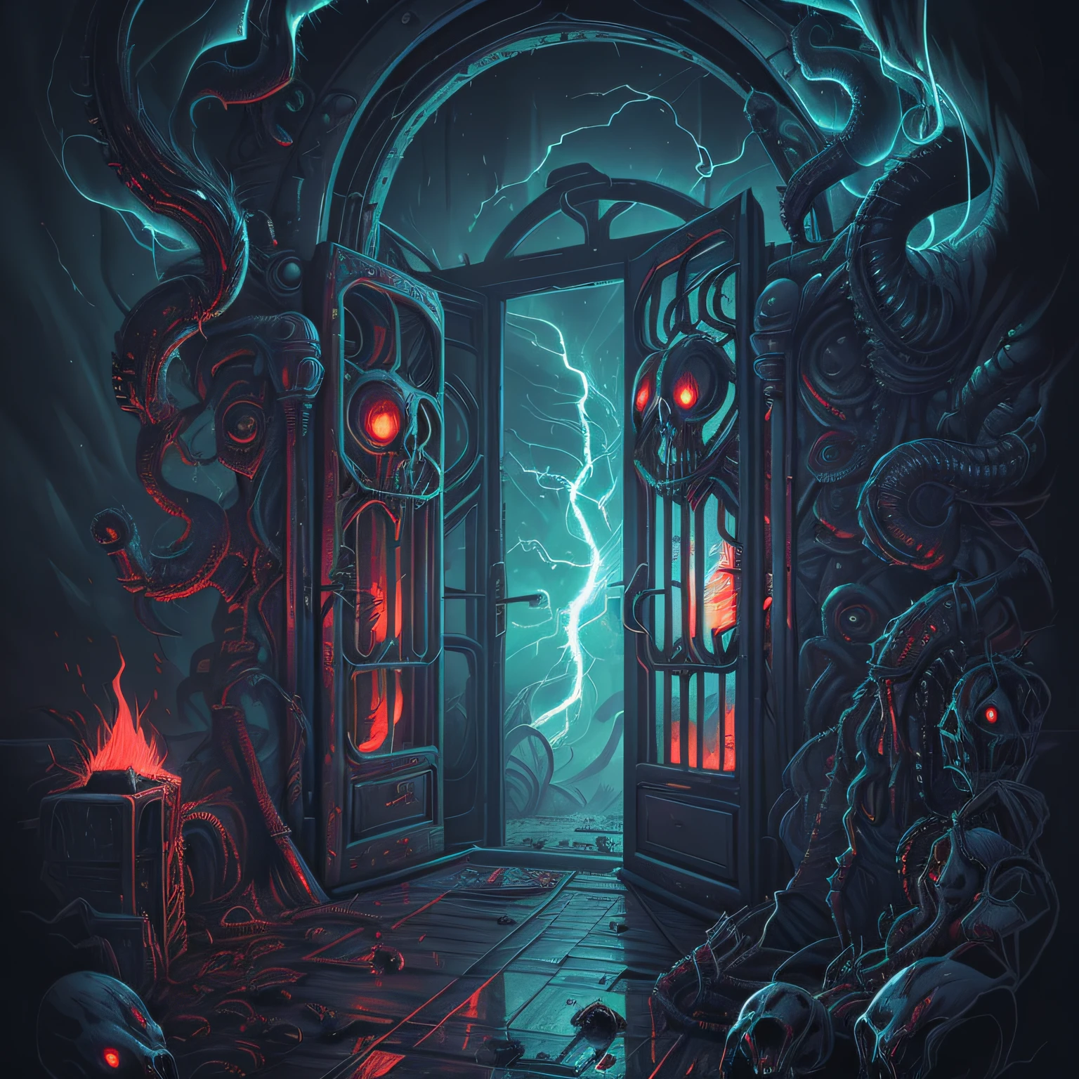 Puerta de entrada biomecánica al horror, Humo espeluznante around, Tormenta cataclísmica, Humo espeluznante, desesperado, sufrimiento, Locura, y horror. Horror art, Motor irreal, HD, dibujo en color. Ilustración de Dan Seagrave