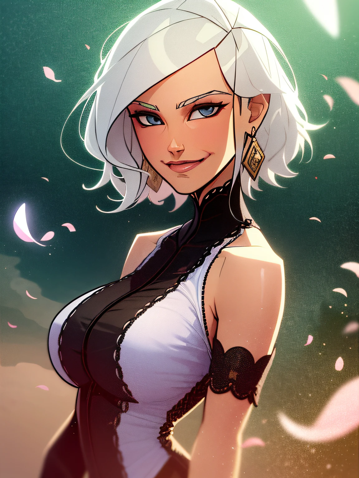 better quality, masterpiece, upper body,
(adult:1.6) Hungarian woman, (smirk: 0.4), arm behind her head,
short white hair,
sparkling eyes,
Victorian summer dress,
 floating light particles, centered,