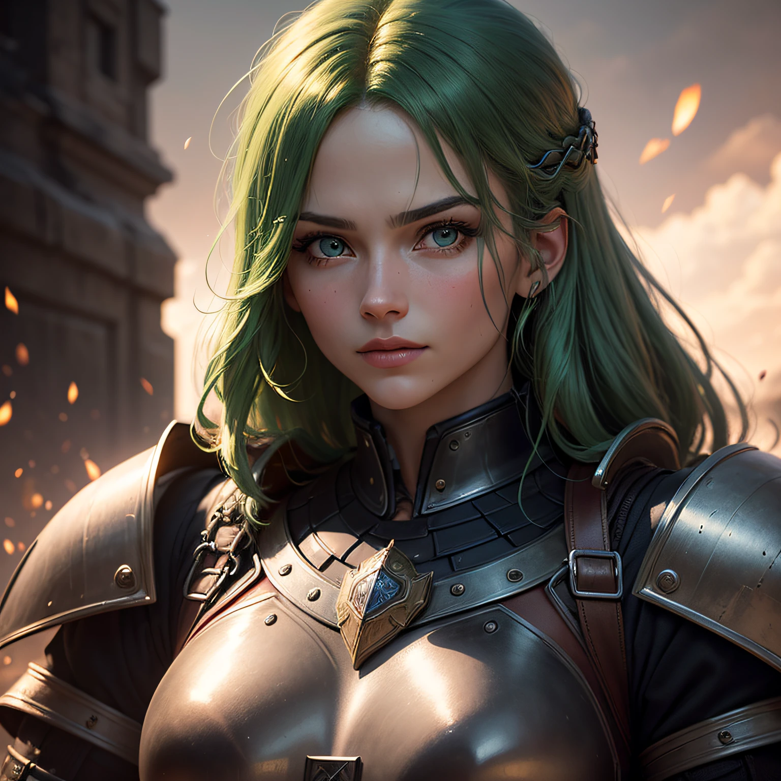 (extremely detailed wallpaper of the CG 8k unit), 1woman of the middle ages, ultra detailed, perfect face, green hair, with an armor, in combat, (cinematic scenery), dark skin with a slight glow, twilight light slightly high mind, mysterious look, and a slight smile on her face, (ultra detailed eyes).