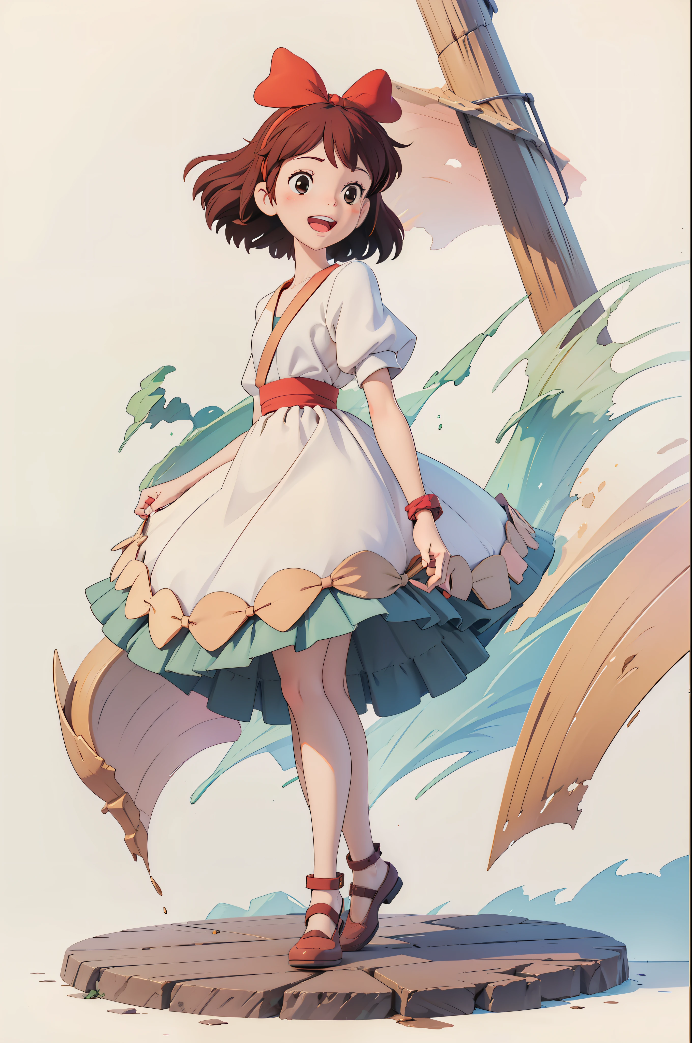 (masterpiece:1.2), (hig quality:1.2), 1girl, full body Kiki, happy, big red hairtie, high details, realistic, photography, white flat background, softfocus