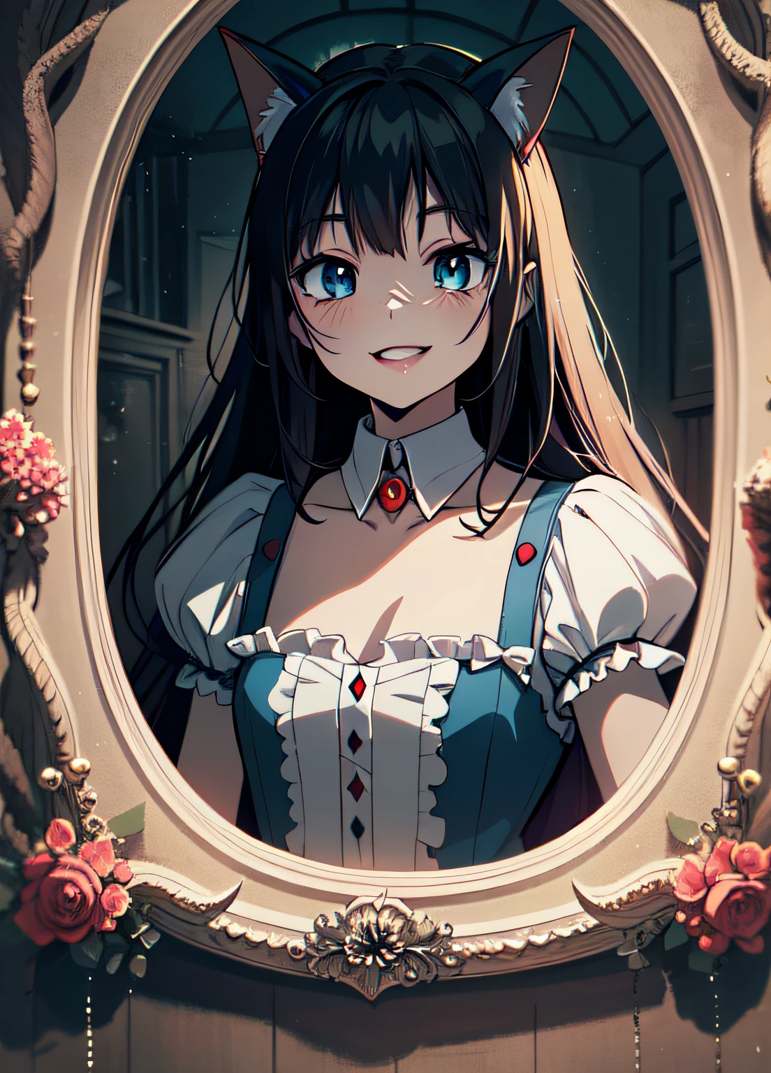 Anime Artwork,Anime Style, Alice in Cyberpunk Wonderland,Cute Face, Smile, Smiles, Alice in Wonderland, Alice, Alice in Wonderland, Portrait of Alice in Wonderland, Fantasy Horror Art, Detailed 4K Horror Art, Like Alice in Wonderland, Alice in Wonderland, The Cheshire Cat with Blue Eyes, Horror Fantasy Art, Alice Goes down the Rabbit Hole