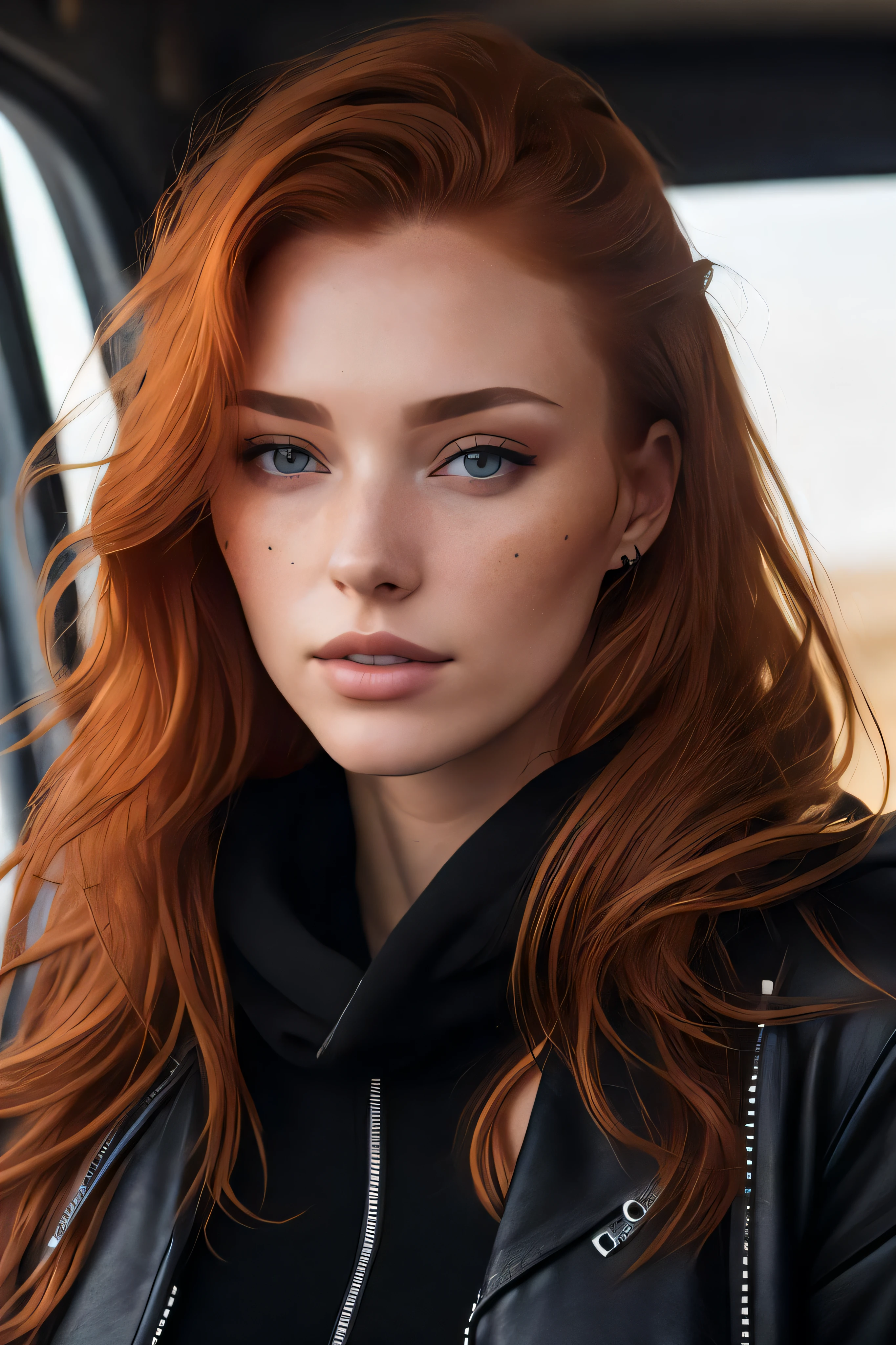 a photo of a seductive woman with loose styled (redhead hair:1.1), bored, she is wearing a hoodie and black leather jacket and leggings, mascara, (textured skin, skin pores:1.1), (moles:0.8), imperfect skin, goosebumps, flawless face, (light freckles:0.9), (sun-kissed:1.1), ((photorealistic):1.1), (raw, 8k:1.3),