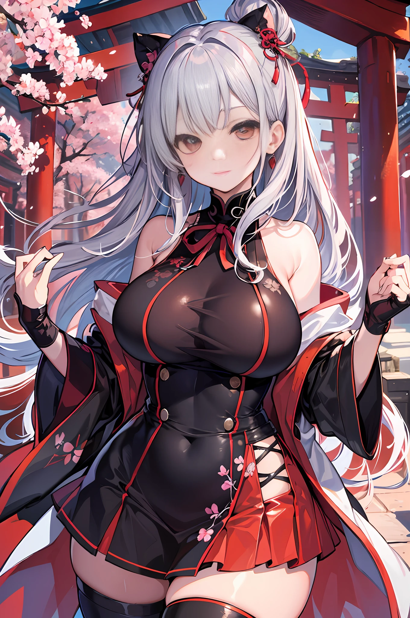 masterpiece, best quality, high_resolution, fine detail, very detailed and beautiful, distinct_image, 1 girl, 独奏, ,silver-haired,front-facing, red eyes, (huge breasts), (),Miniskirt,thighhigh, curvaceous,torii,cherry blossom,
