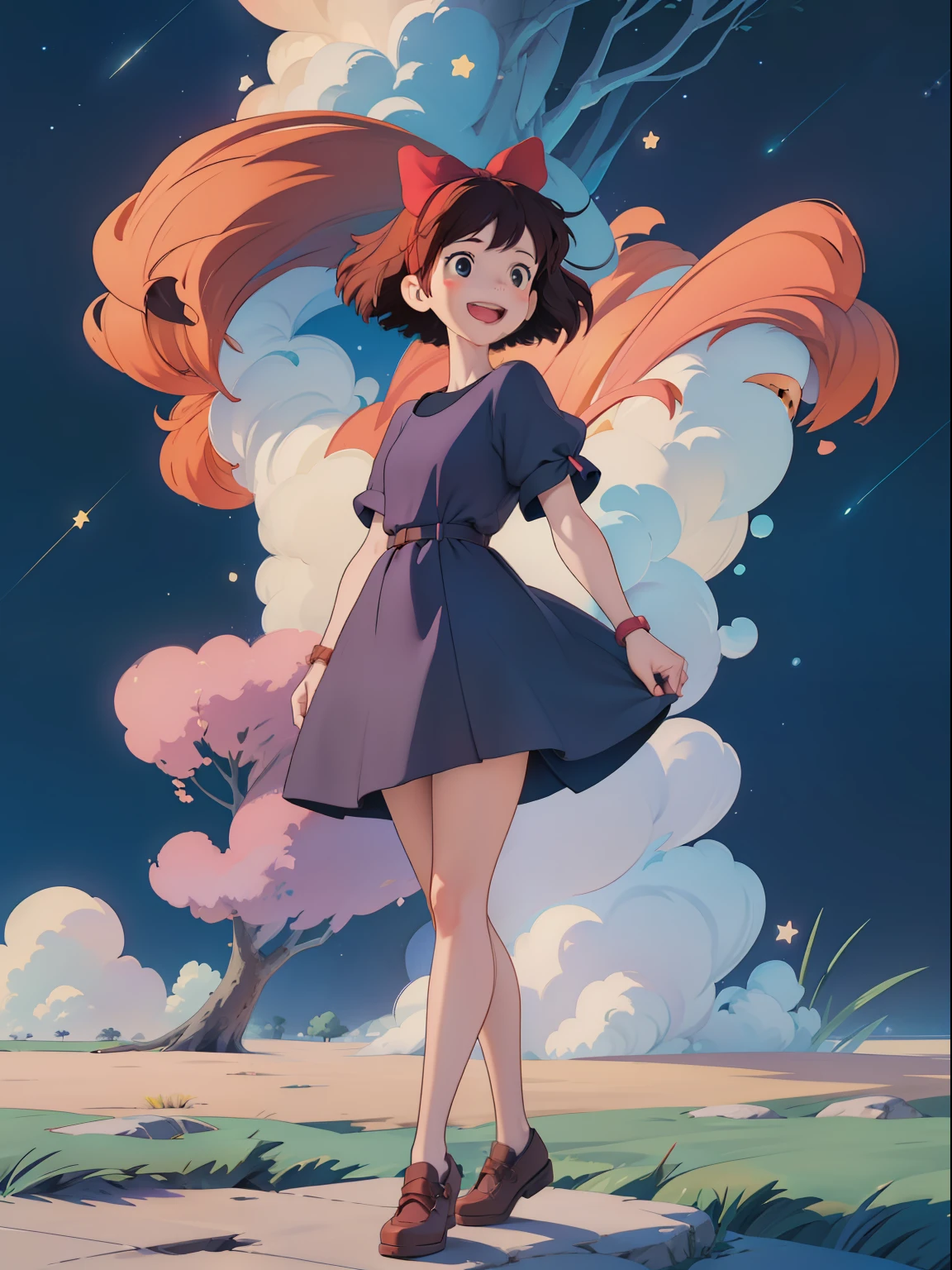 (masterpiece:1.2), (hig quality:1.2), 1girl, full body Kiki, happy, big red hairtie, dark blue short dress, surrounded by stars, high details, realistic, photography, white flat background, softfocus