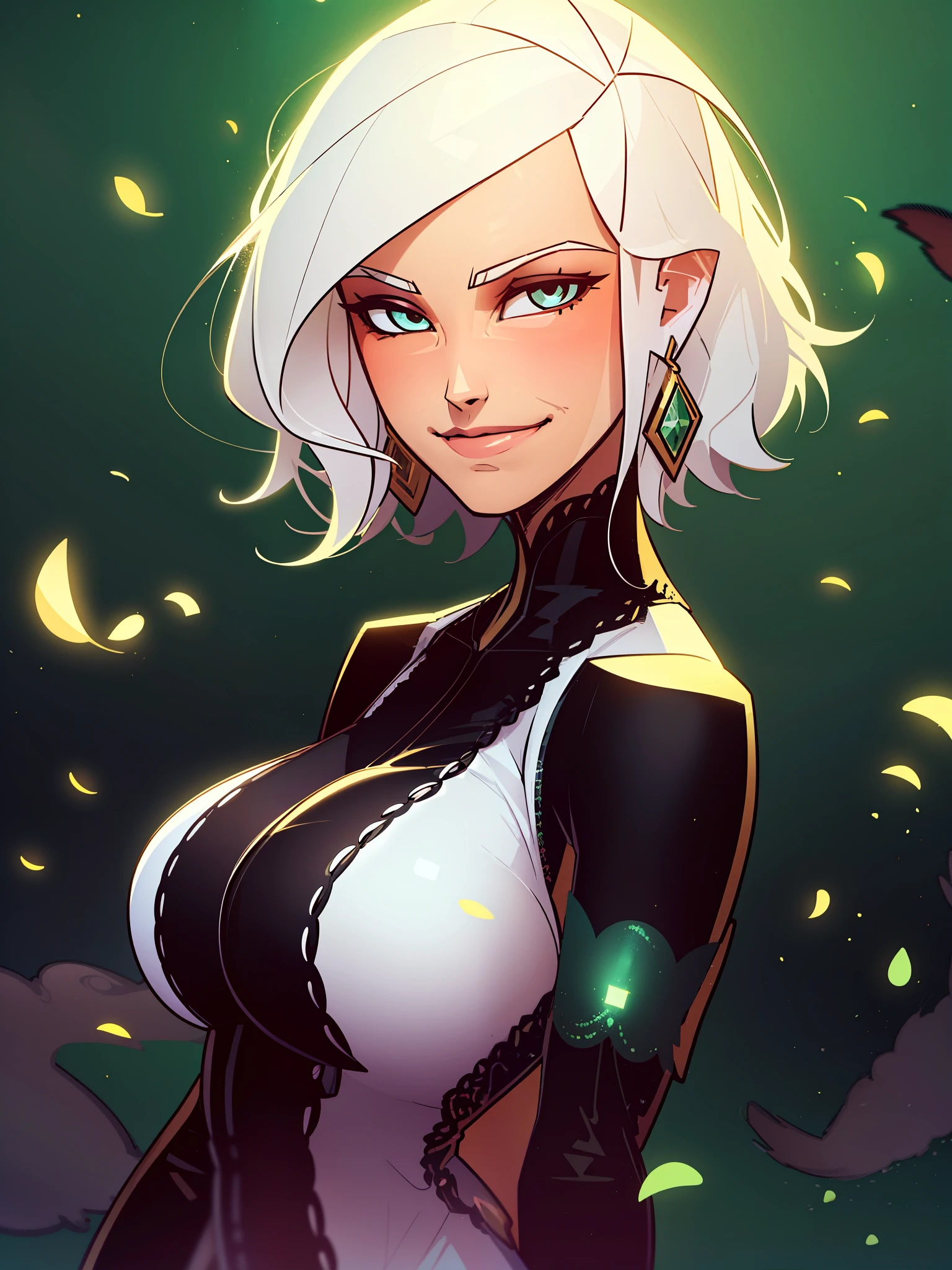 better quality, masterpiece, upper body,
(adult:1.6) Hungarian elf woman, (smirk: 0.4), arm behind her head,
short white hair,
sparkling eyes,
Victorian summer dress,
 floating light particles, centered,