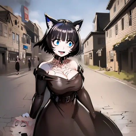 catgirl, short hair, black hair, cat ears, long nose, pale skin, long dress, black dress, victorial clothes, walking, portrait, ...