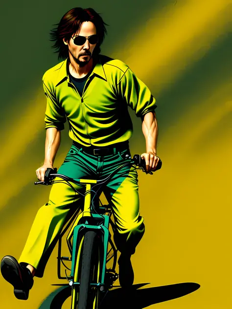 Keanu Reeves in green and yellow clothing riding his bike in Rio de Janeiro, Brazil