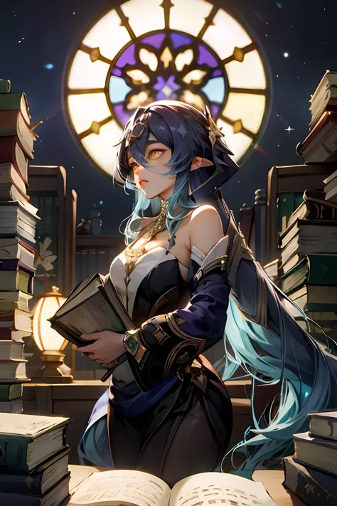 layla, yellow eyes, very long blue hair, genshin impact, in a big library at night, stained glass vintage lamps, lots of old boo...