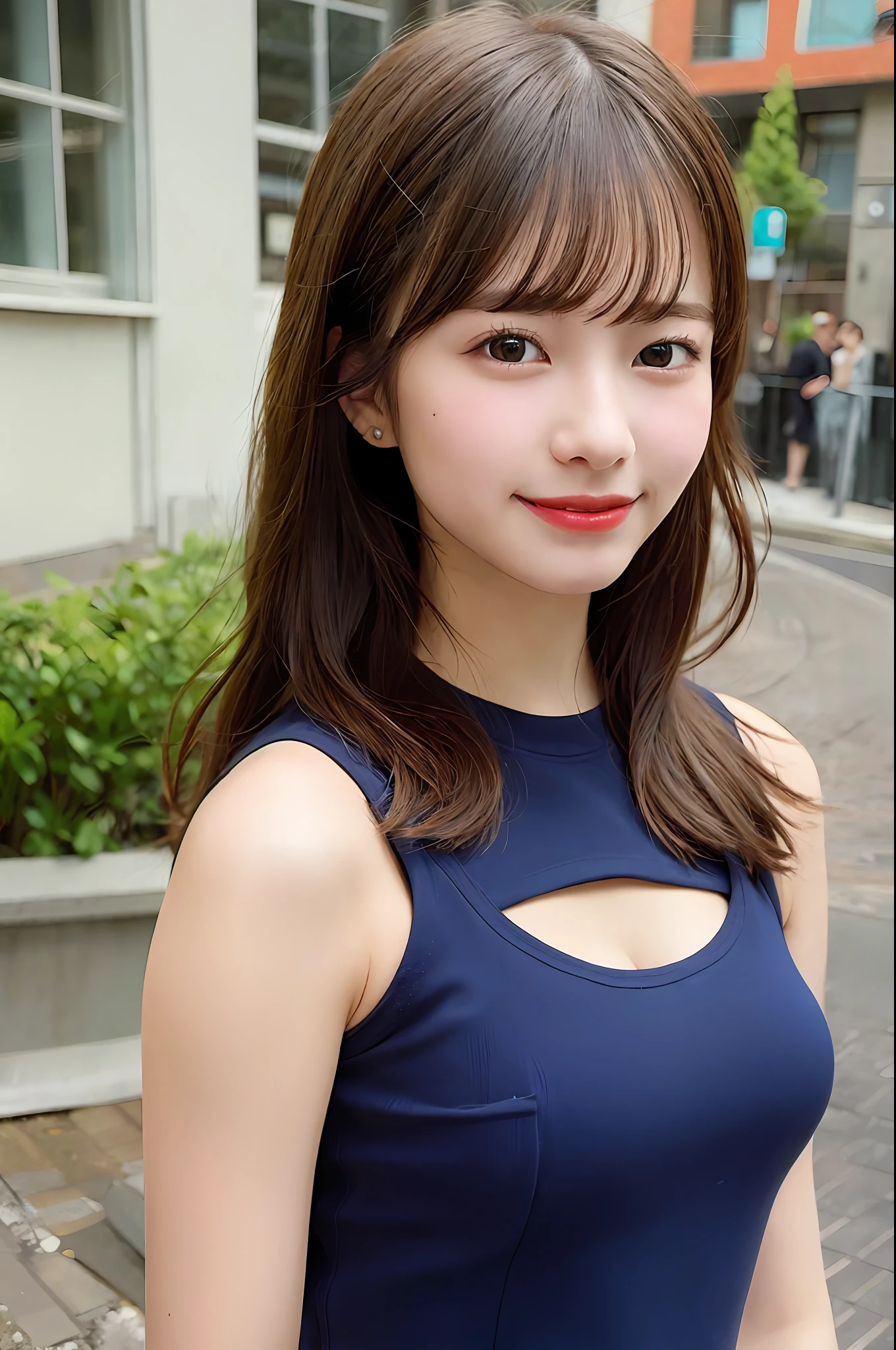 8K, Top Quality, Masterpiece: 1.2), (Realistic, Photorealistic: 1.37), Super Detail, Cute, (Smile: 1.1), Beautiful Eyes, (Long Hair), Tank Top, Cleavage, Upper Body