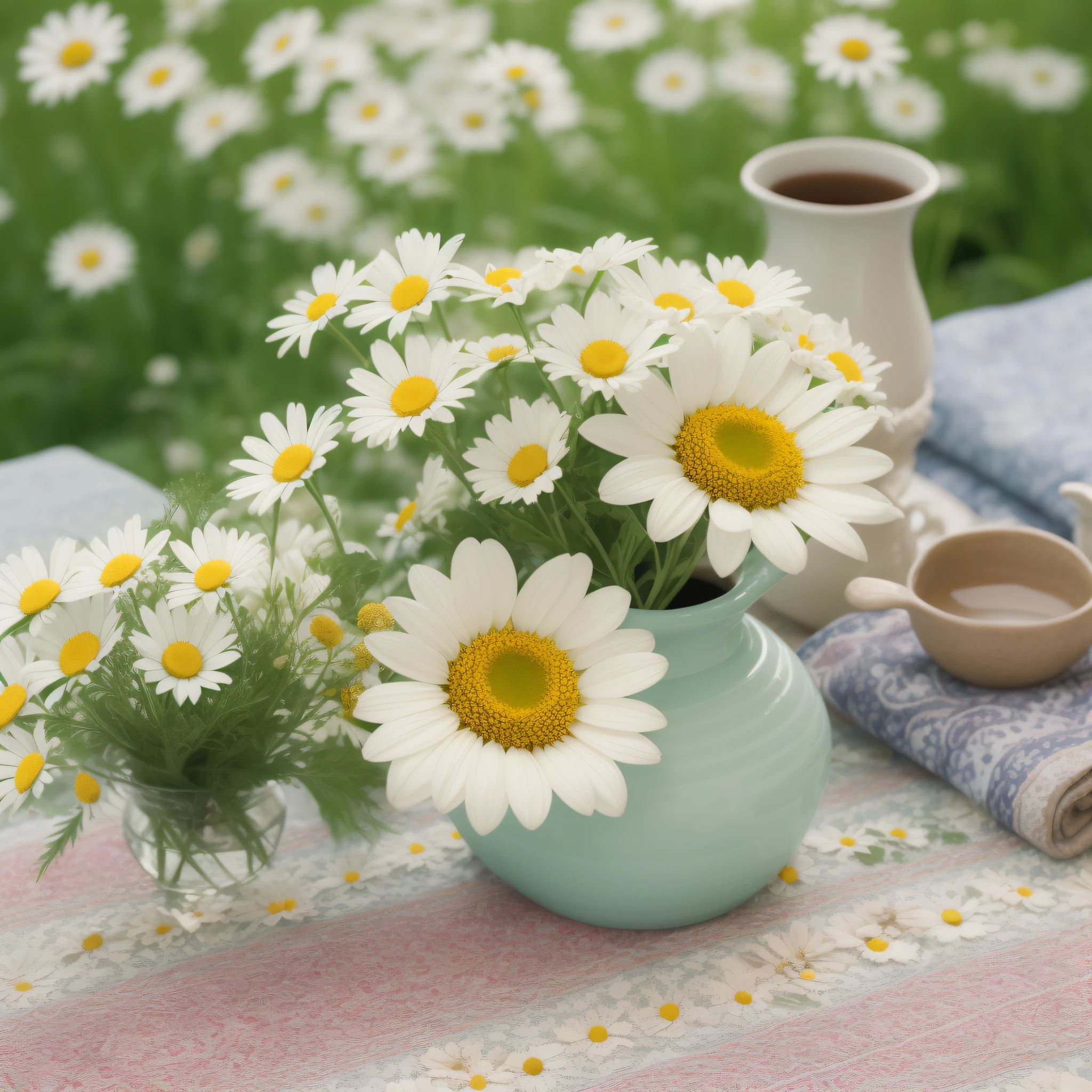 Tischdecken, Leinwanddruck, am Morgen, morgens, Vase mit Blumen, Kamille, Blumen Hintergrund, Fröhliche Atmosphäre, früher Morgen mood, Blumen im Hintergrund, gemütlicher Café-Hintergrund, schöne Blumen, früher Morgen, bloom and Blumen im Hintergrund, Frühlingsmorgen, tolle tolle Komposition, hochdetaillierte Komposition, Höhenwinkel, photoreal render --auto --s2