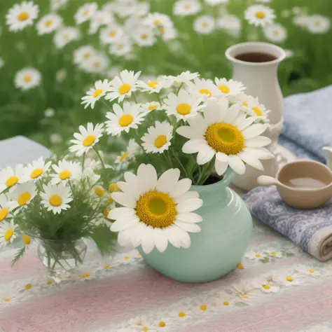 Tableclothes, canvas print, in the morning, morning time, vase with flowers, chamomile, flowers background, cheerful atmosphere,...