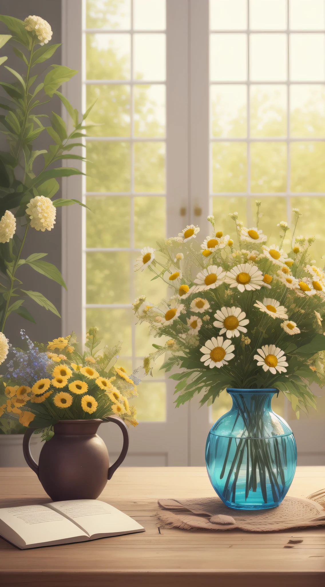 Tableclothes, canvas print, in the morning, morning time, vase with flowers, chamomile, flowers background, cheerful atmosphere, early morning mood, flowers in background, cozy cafe background, beautiful flowers, early morning, bloom and flowers in background, springtime morning, awesome greate composition, highly detailed composition, hight angle, photoreal render