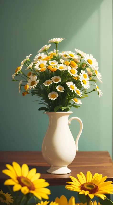 Tableclothes view, boroque classical vase, in the morning, morning time, vase with flowers, chamomile, flowers background, cheer...