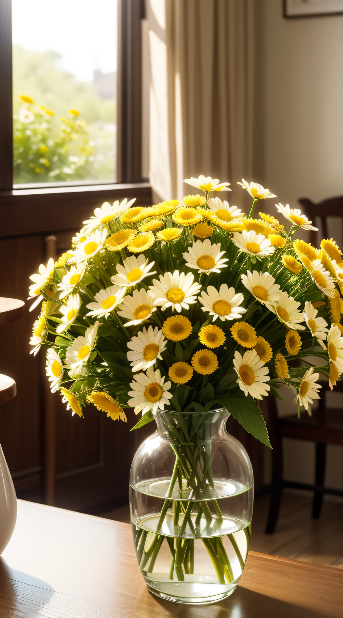 Tableclothes view, boroque classical vase, in the morning, morning time, vase with flowers, chamomile, flowers background, cheerful atmosphere, early morning mood, flowers in background, cozy cafe background, beautiful flowers, early morning, bloom and flowers in background, springtime morning, awesome greate composition, highly detailed composition, hight angle, photoreal render