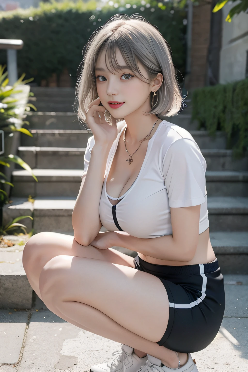Best quality, RAW photos, super high resolution, taken from the side, gentle smile, 16 years old Korean, very big breasts, cleavage, fair skin, shiny white skin, short bob, bright silver hair, neatly matched bangs, cropped T-shirt, training clothes, running shorts, beautiful eyes, beautiful eyes of random colors, very thin lips, beautiful eyes with details, elongated eyes, pale pink blush, long eyelashes, beautiful double eyelids, eyeshadow, beautiful thin legs, beautiful legs, beautiful navel, beautiful abs, beautiful ribs, beautiful constriction, beautiful hip line, earrings, necklace, big park, big stairs in park, sitting on stairs, squatting