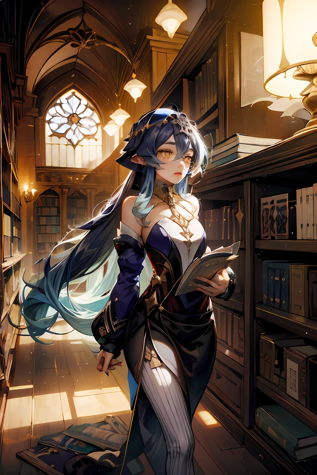 layla, yellow eyes, very long blue hair, genshin impact, walking in a big library at night, stained glass vintage lamps, lots of old books, sleepy, bookcases and bookshelves