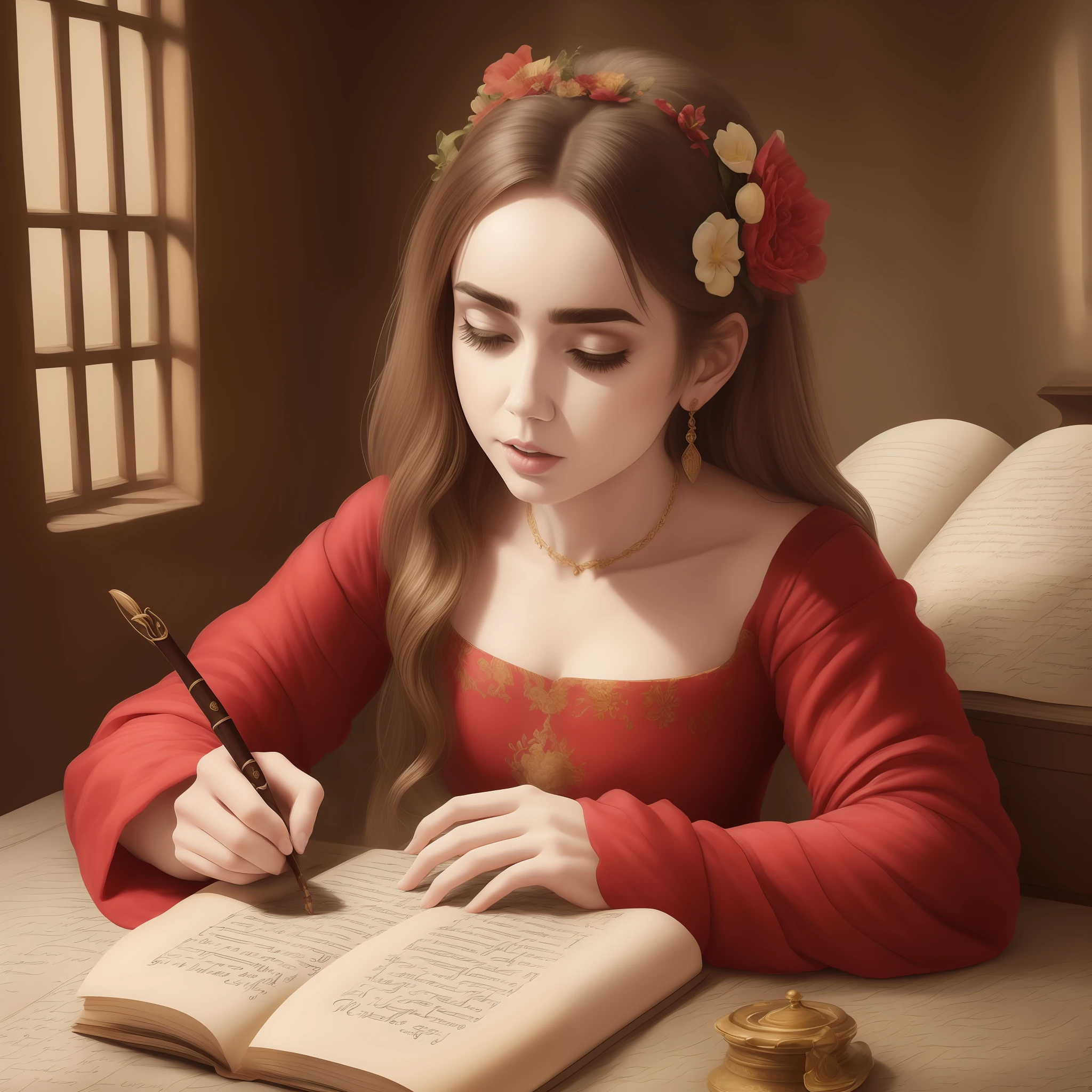 Lily Collins em roupas medievais escrevendo em um pergaminho com tinteiro de vestido vermelho