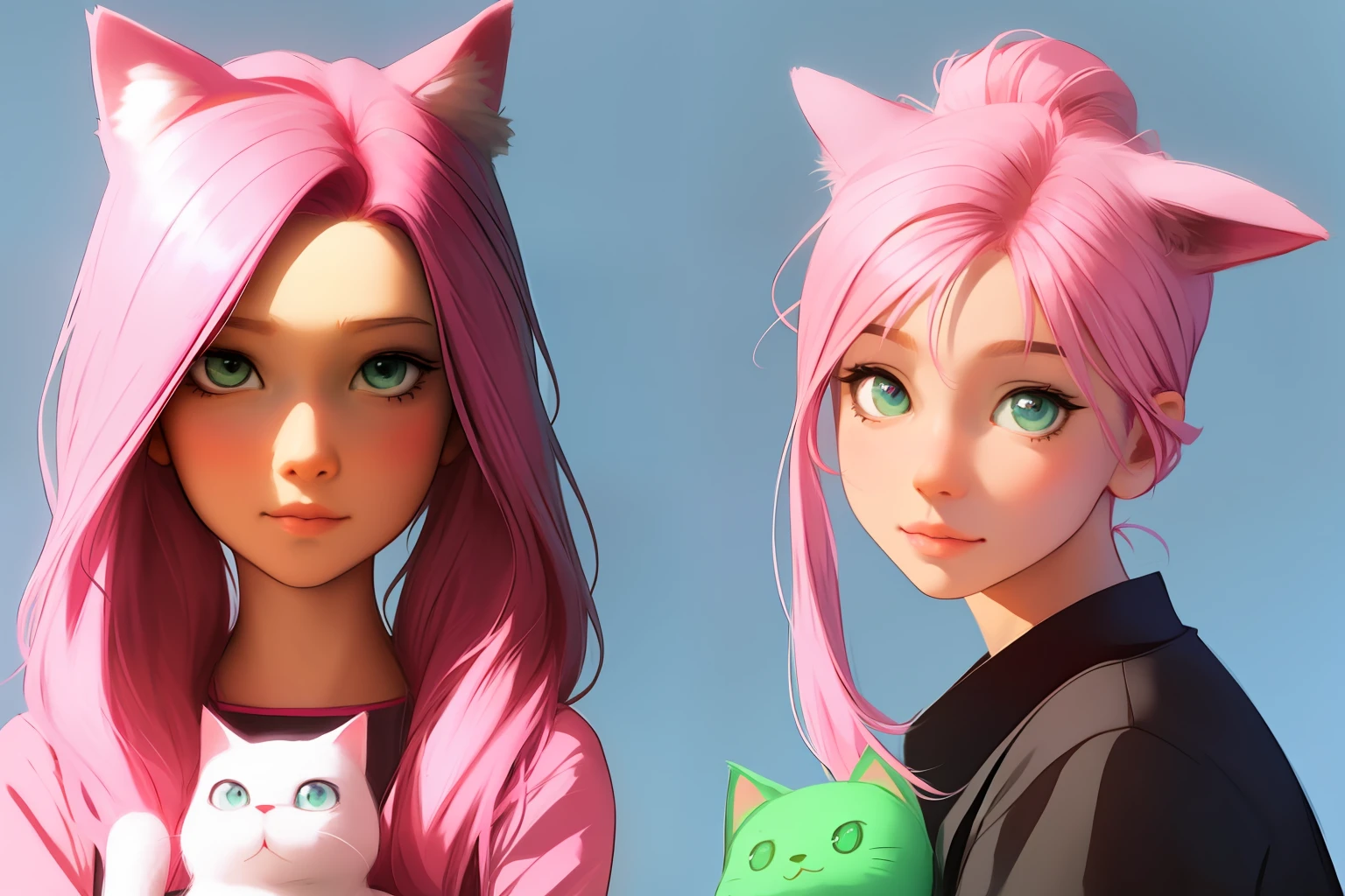 Personagens de anime com cabelo rosa e olhos verdes e um gato - SeaArt AI