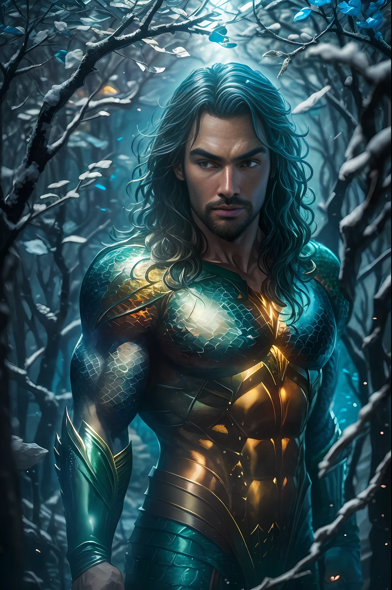 Aquaman from DC, covered with tree branches, bright blue white glowing heart, visible from human, nighttime, colorful, photography hyper-detailed cinematic hdr lighting, softbox lighting, extreme detail