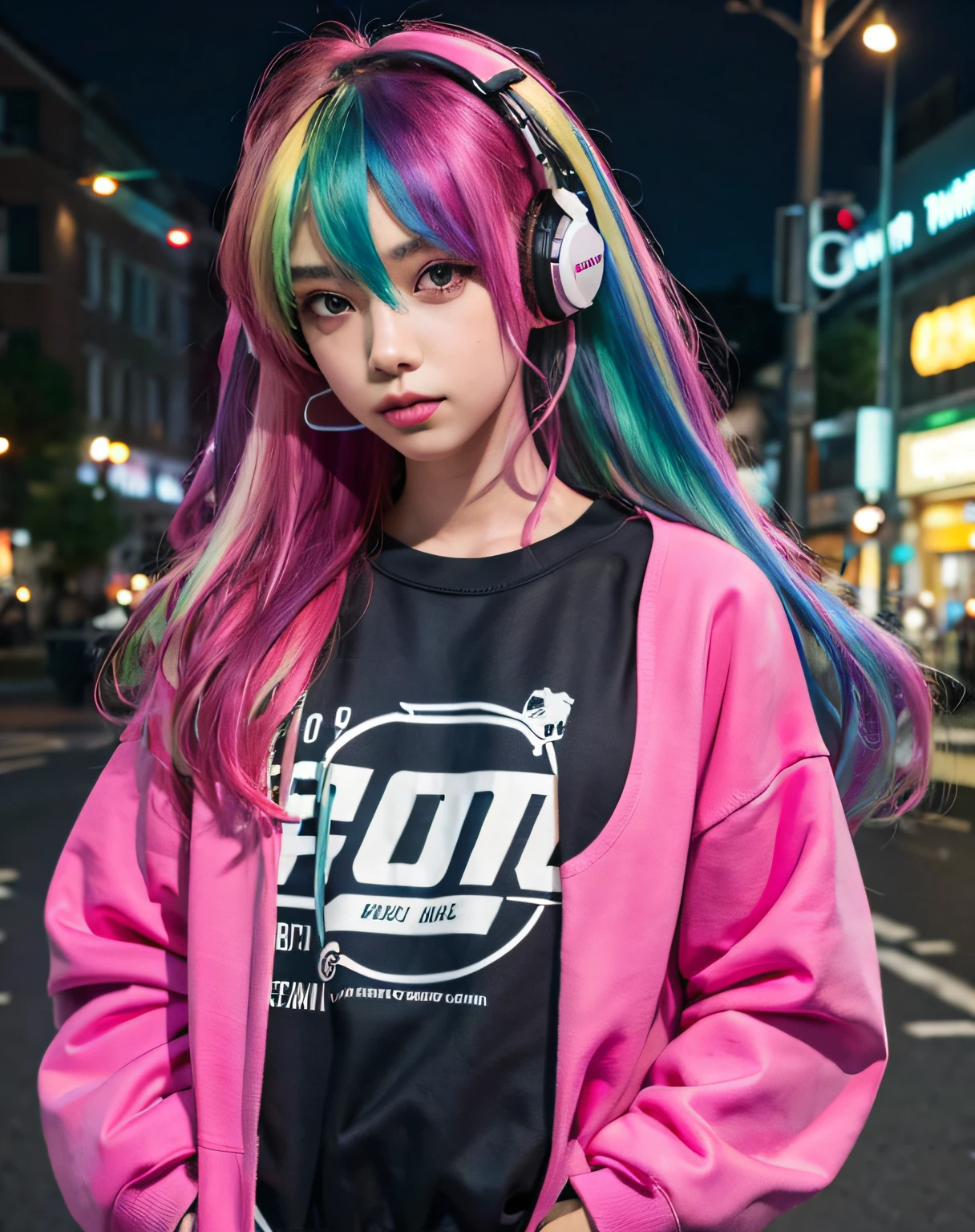 1girl,European,solo,rainbow hair,sweatshirt,straight hair,hand in pocket,headphones,long hair,