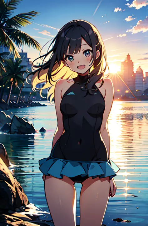 masterpiece, Best quality, Ultra detail, 8k_wallpaper, (beautiful eyes), ((cute)), cute, (lovely), (erotic),anime moe art style,,miniskirt,vacation,ocean,ocean,realistic ocean,evening,countless yachts,leotards、swimsuit,smile,open mouth,crowded