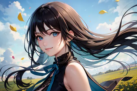 Masterpiece, Real, Ultrareal, Best Quality, Rinoa, Long Hair, Black Hair, Arm Warmer, Sleeveless Coat, Black Shirt, Blue Skirt, Arm Ribbon, Upper Body, From the Side, (Smile), Wind, RAW Photography, Delicate, (Complex Details:1.3), Hyper Detail, Fine Detai...