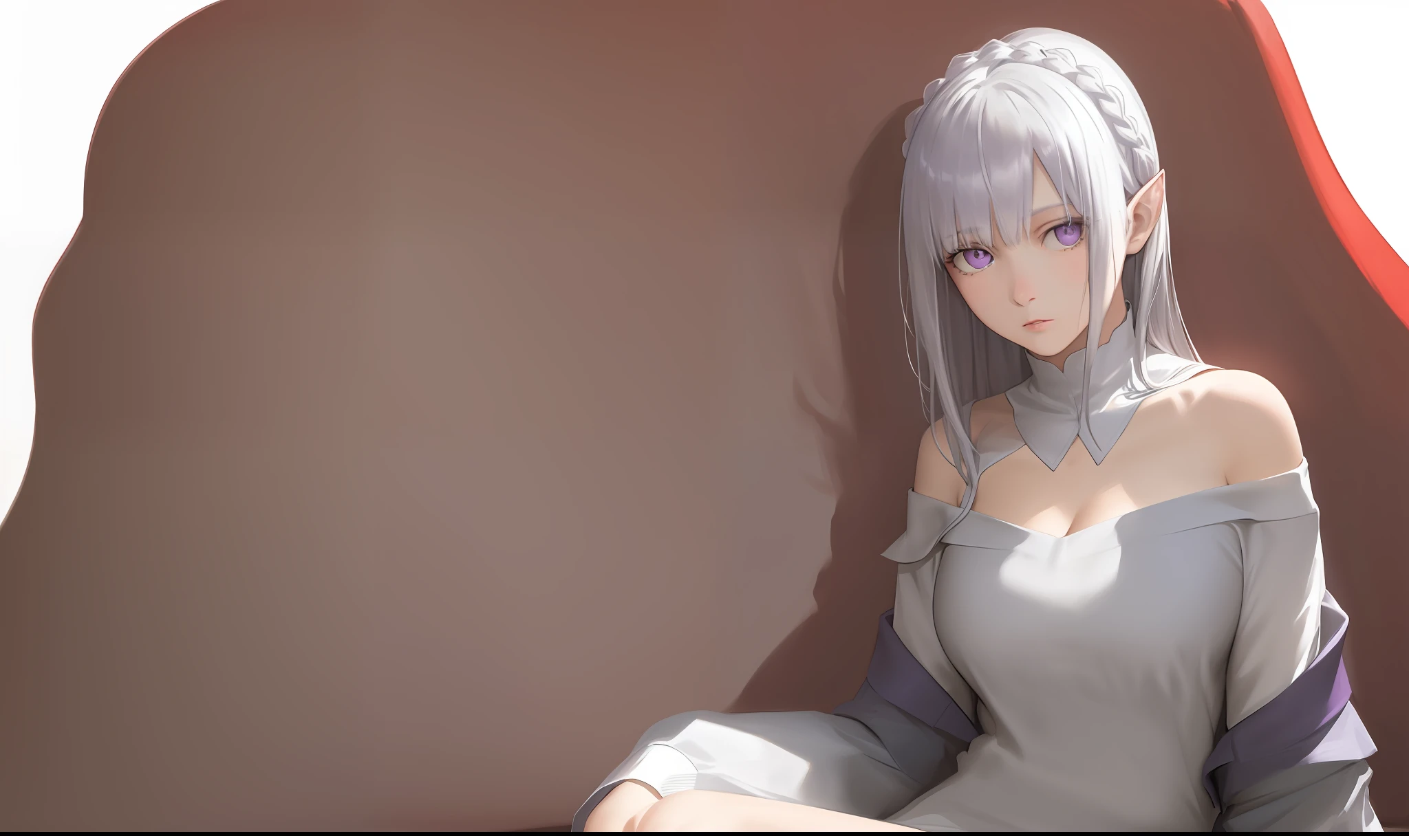 best quality,highly detailed,masterpiece,ultra-detailed,(realistic:1.2), 1girl,(white background),simple background,Delicate eyes,silver hair, purple eyes,hair_ornament,(white off-shoulder shirt:1.3),long hair,pointy_ears,crown_braid,expressionless,Straight hair,(++sitting:1.2), large breasts,