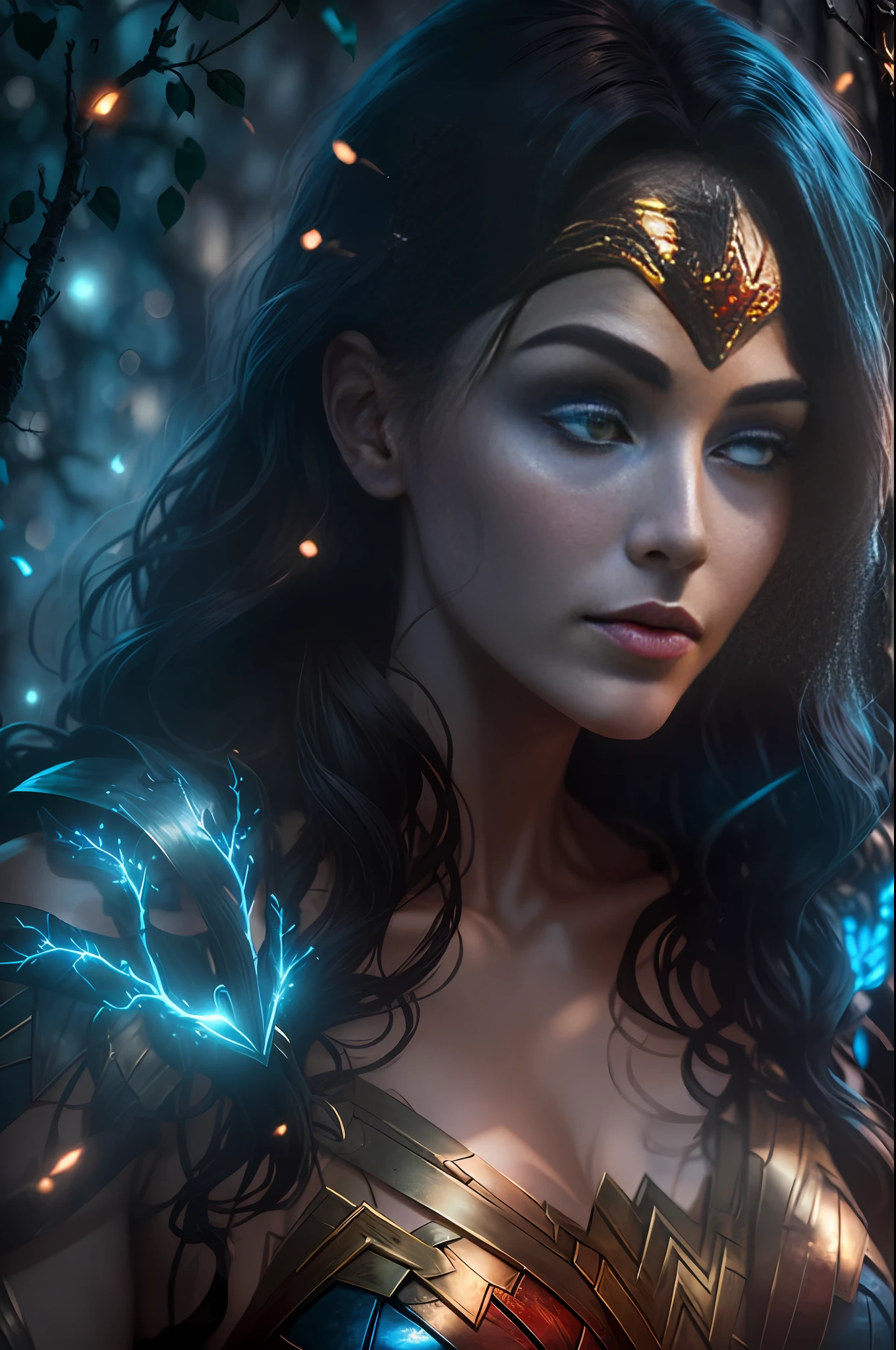 Evil Wonder Woman de DC recouverte de branches d&#39;arbres, coeur brillant blanc bleu vif visible depuis l&#39;homme, la nuit, coloré, photographie cinématique hyper détaillée hdr éclairage, éclairage de la boîte à lumière, Détails extrêmes