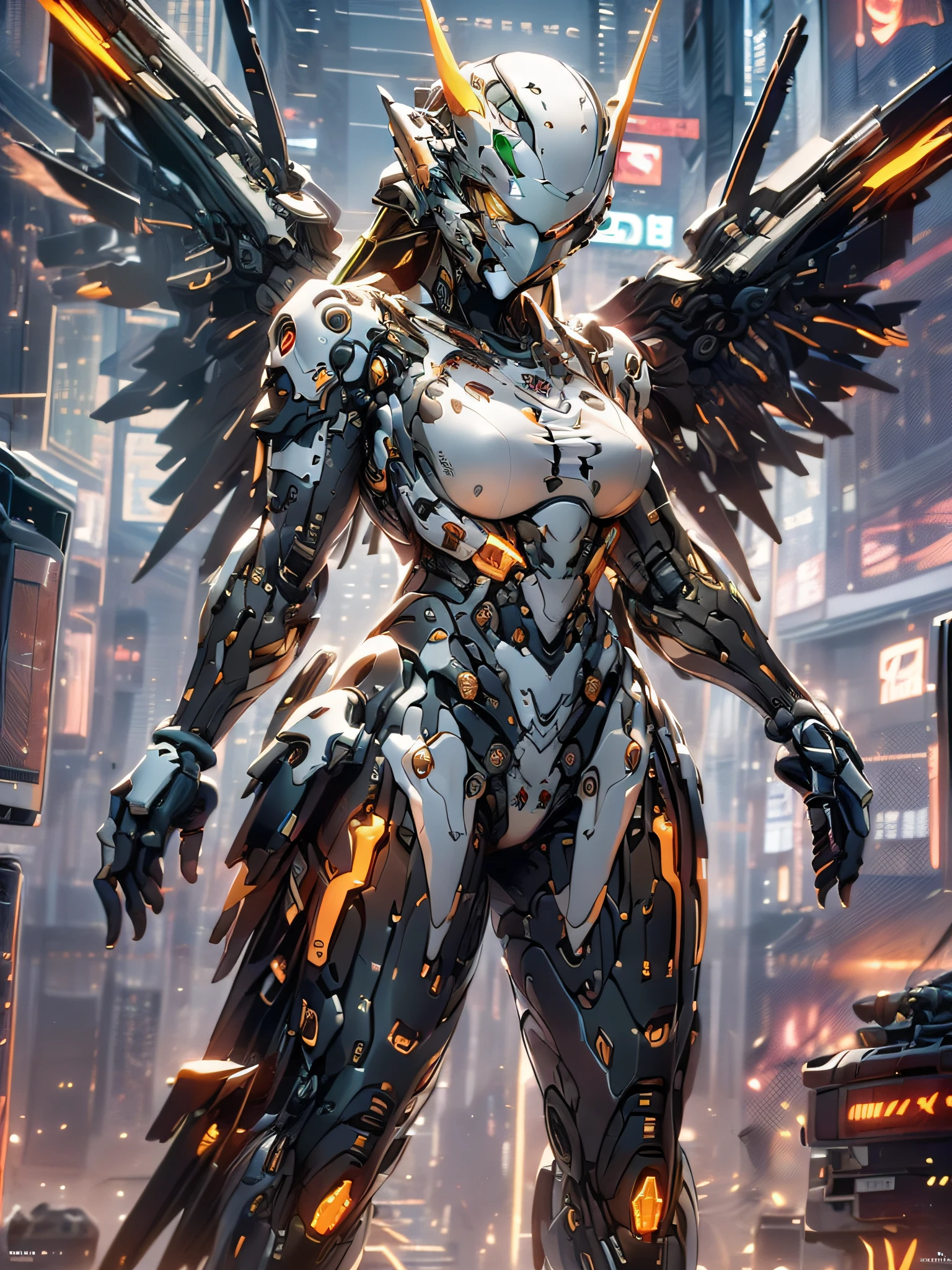 ((ultra detailed CG, 8k)), 1woman, green hair, yellow eyes, (perfect body), with cybernetic wings, in the futuristic setting, with a sovereign look at the audience, (cyberpunk style lighting), (fine details), (hyper detailed).