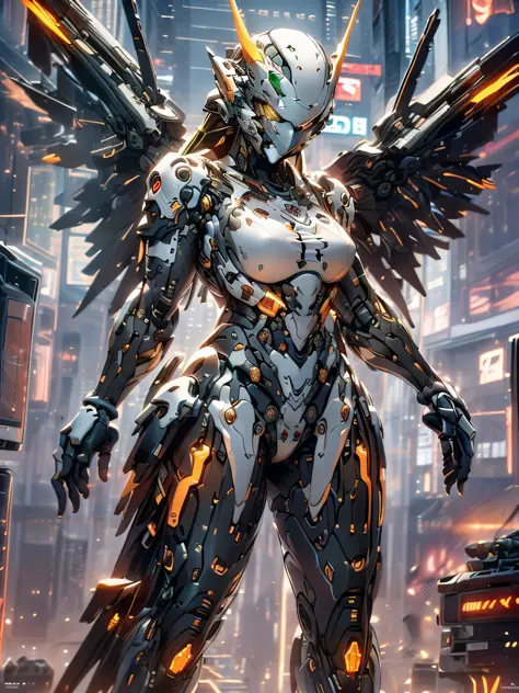 ((ultra detailed CG, 8k)), 1woman, green hair, yellow eyes, (perfect body), with cybernetic wings, in the futuristic setting, wi...