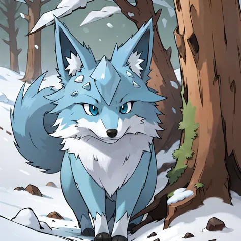 frosty blue fox, frosty breath, she freezes the ground she steps on