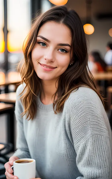 beautiful blonde wearing love sweater(sipping coffee inside a modern café at sunset), very detailed, 21 years old, innocent face, natural wavy hair, blue eyes, high resolution, masterpiece, best quality, intricate details, highly detailed, sharp focus, det...